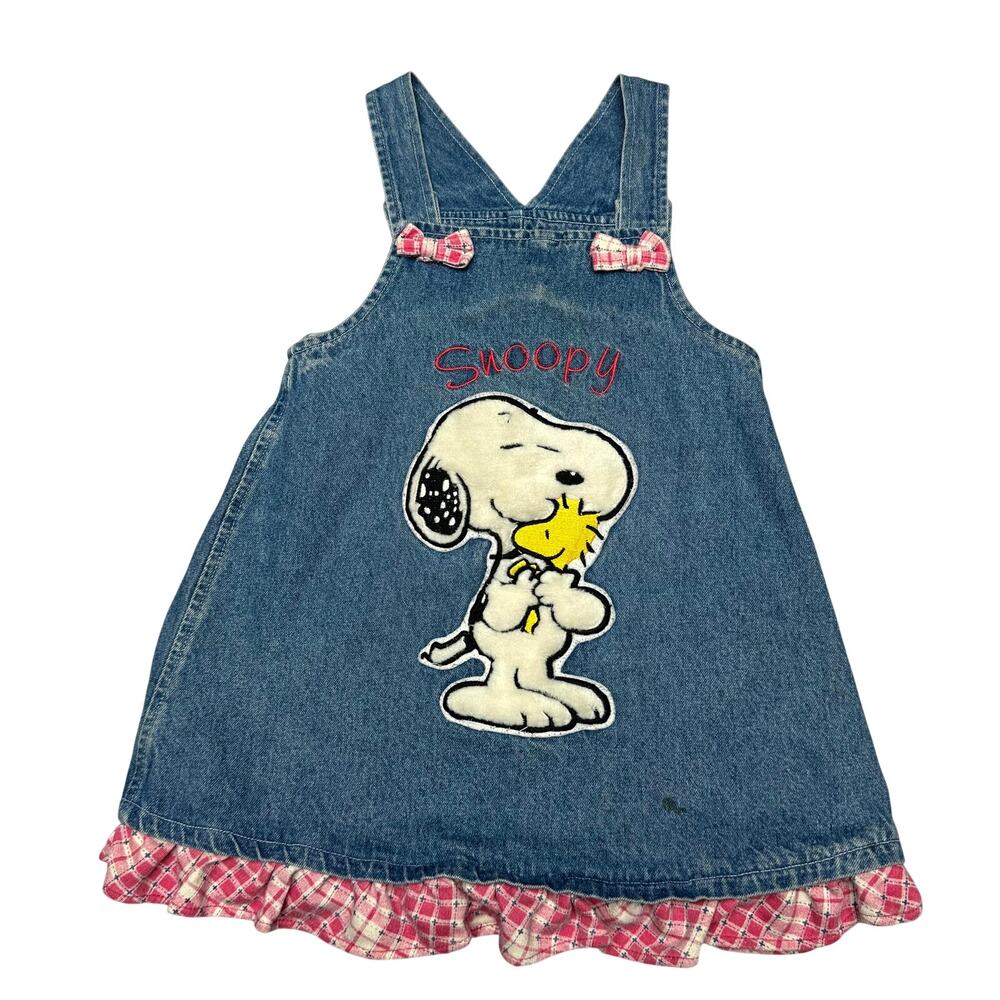 Vintage 90s Peanuts Snoopy Woodstock Denim Overall Dress Girls Size 5